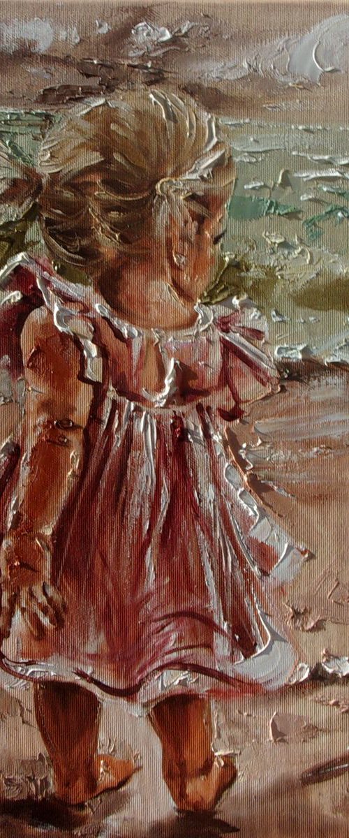 " LITTLE GIRL DANCING " original painting SEA SUMMER palette knife GIFT autumn by Monika Luniak