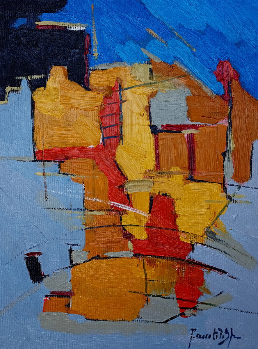 Abstract Oil Painting By Artyom Basenci, 12 X 16, Golden Fragments, Original Artwork