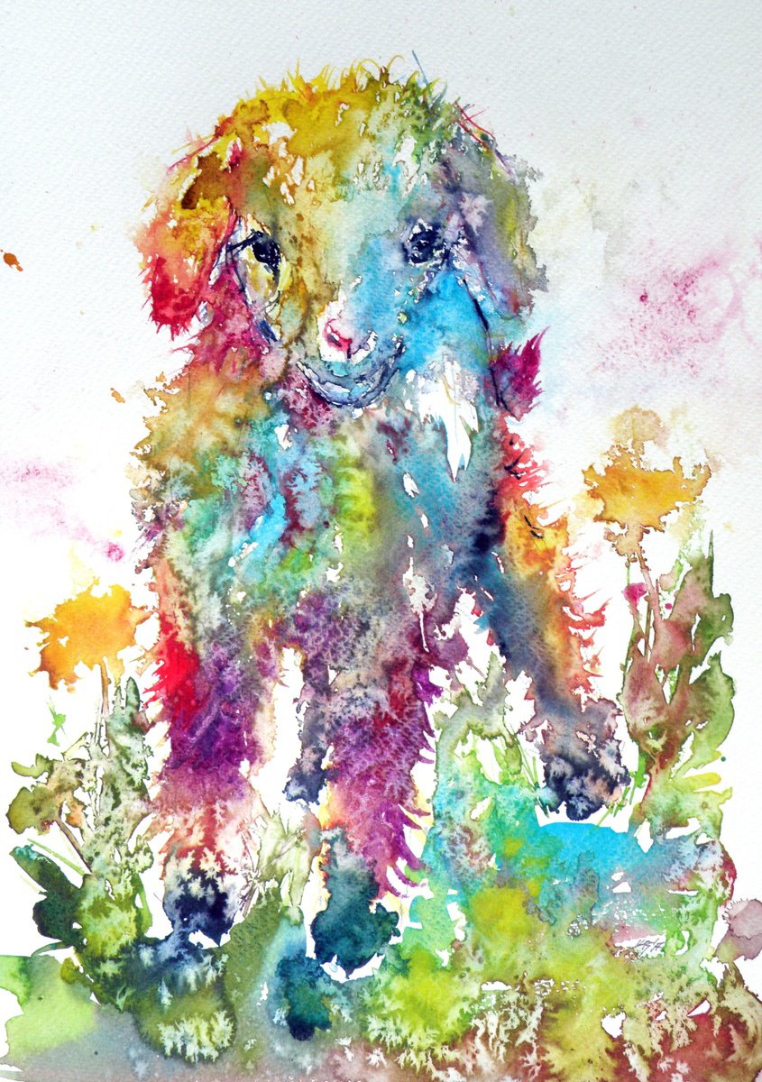 Animal Watercolour By Kovacs Anna Brigitta, 10 X 14", Baby Goat In Grass, Original Artwork