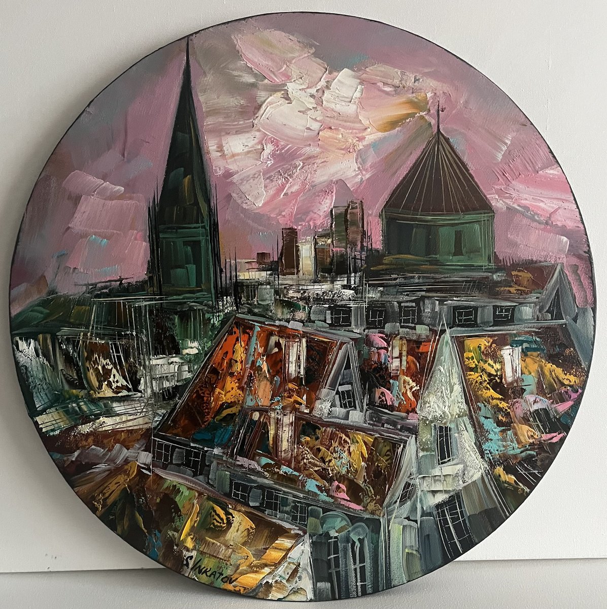 Abstract Cityscapes Oil Painting By Sergei Inkatov, 20 X 20", My Town, My Soul, Original Artwork