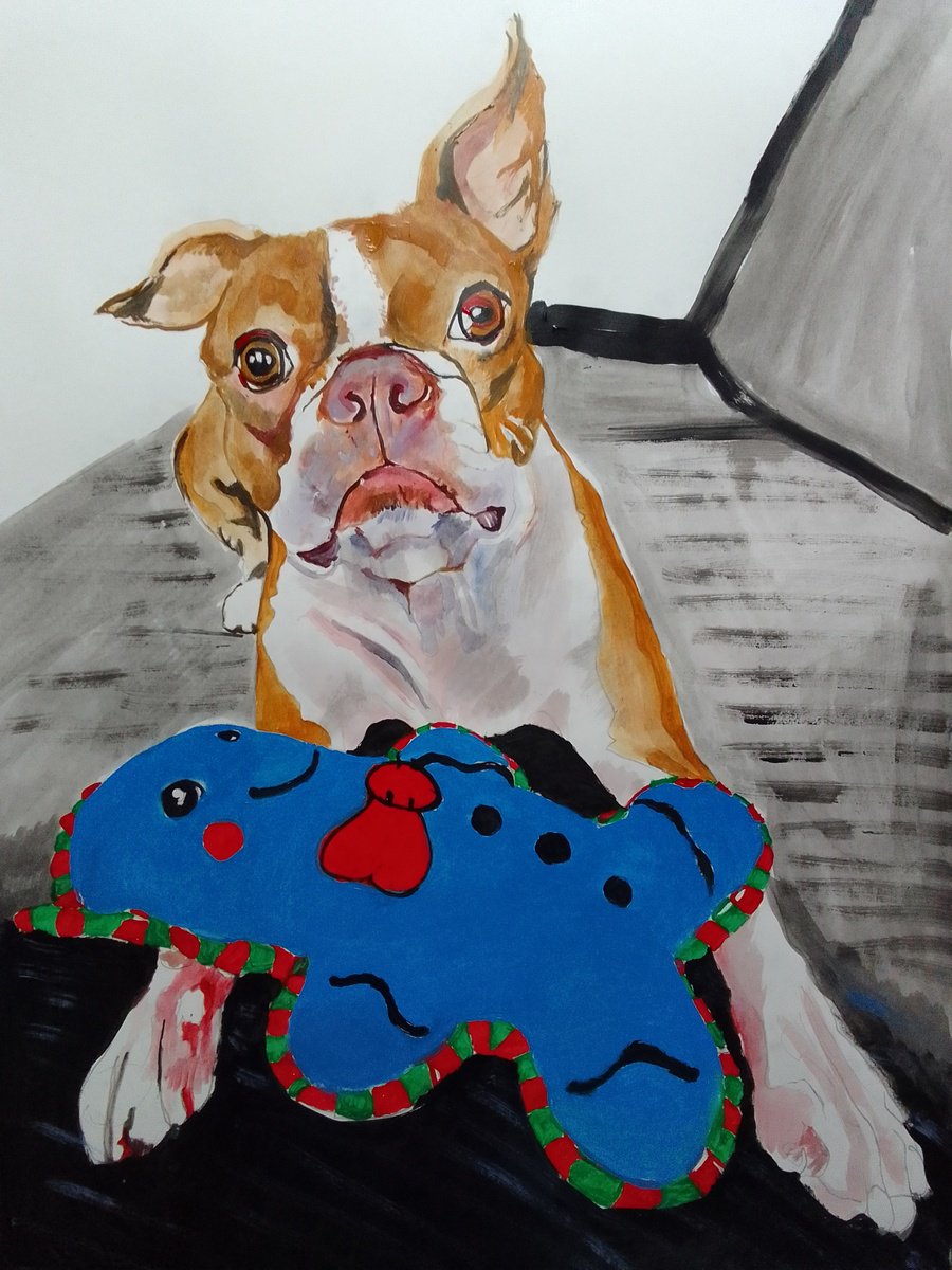 Photorealistic Animal Acrylic Painting By Soso Kumsiashvili, 24 X 33", Bosston Terrier, Original Artwork