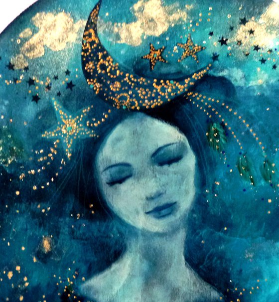 In her wildest dreams, she saw herself as a moon woman. 30 cm diameter on wood.