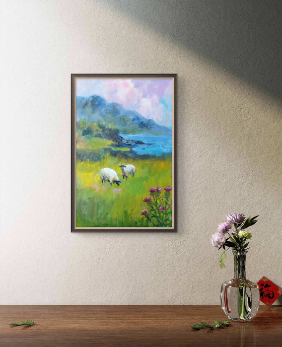 Scottish landscape, sheep on pasture