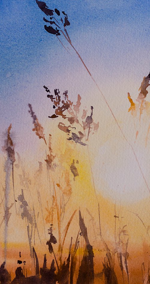 Sunset in a field. Small original watercolor sun light moody interior nature decor by Sasha Romm