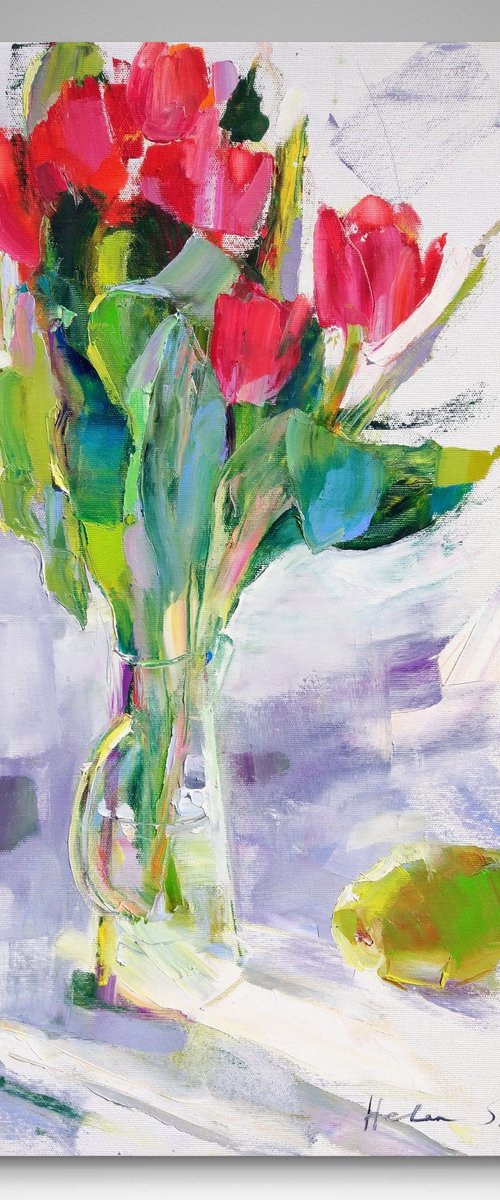 Tulips on white . Bouquet a la prima . Original oil painting by Helen Shukina