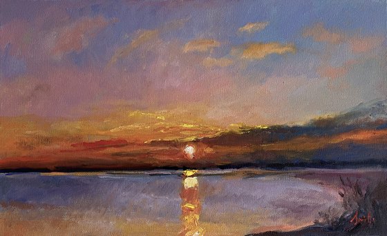 Fiery Sunset over The Sea. Original Oil Painting on canvas ready to hang.