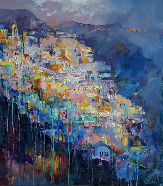 Santorini - Evening, Greece - сityscape large original oil impasto painting