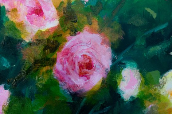 Pink roses in the garden - Impressionistic flower painting Modern floral Contemporary romantic LARGE SIZE UNSTRETCHED