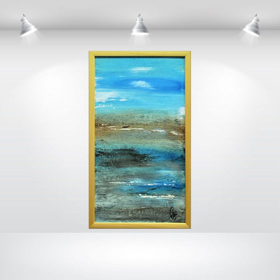 Lonely Beach  - abstract acrylic painting, canvas wall art, blue brown white, framed modern art