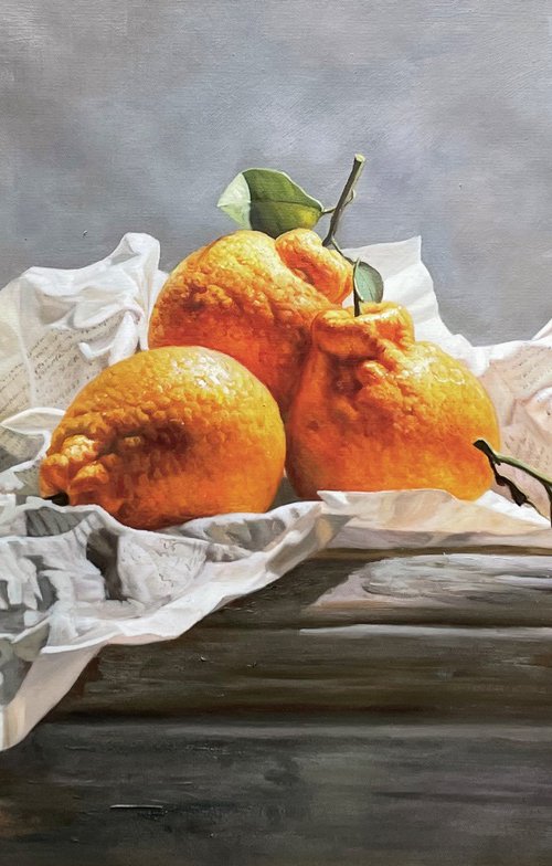 Still life:Oranges and newspaper  t224 by Kunlong Wang