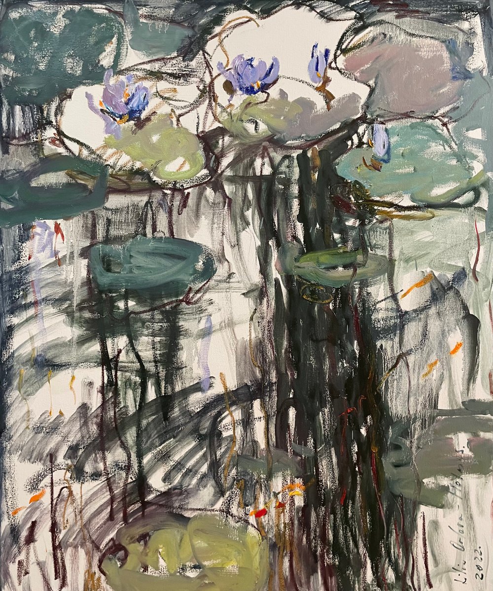 Abstract Landscape Oil Painting By Lilia Orlova-Holmes, 39 X 47", Blue Nymphaea., Original Artwork