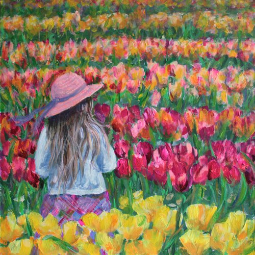 Among Tulips. Tulip field 19.7x19.7 inch /  ORIGINAL PAINTING by Salana Art Gallery