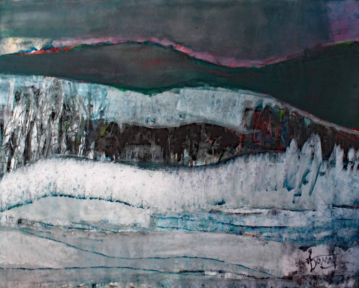 Landscape Acrylic Painting By Jacques Donneaud, 39 X 31, Paysage De Neige Et De Glace, Original Artwork