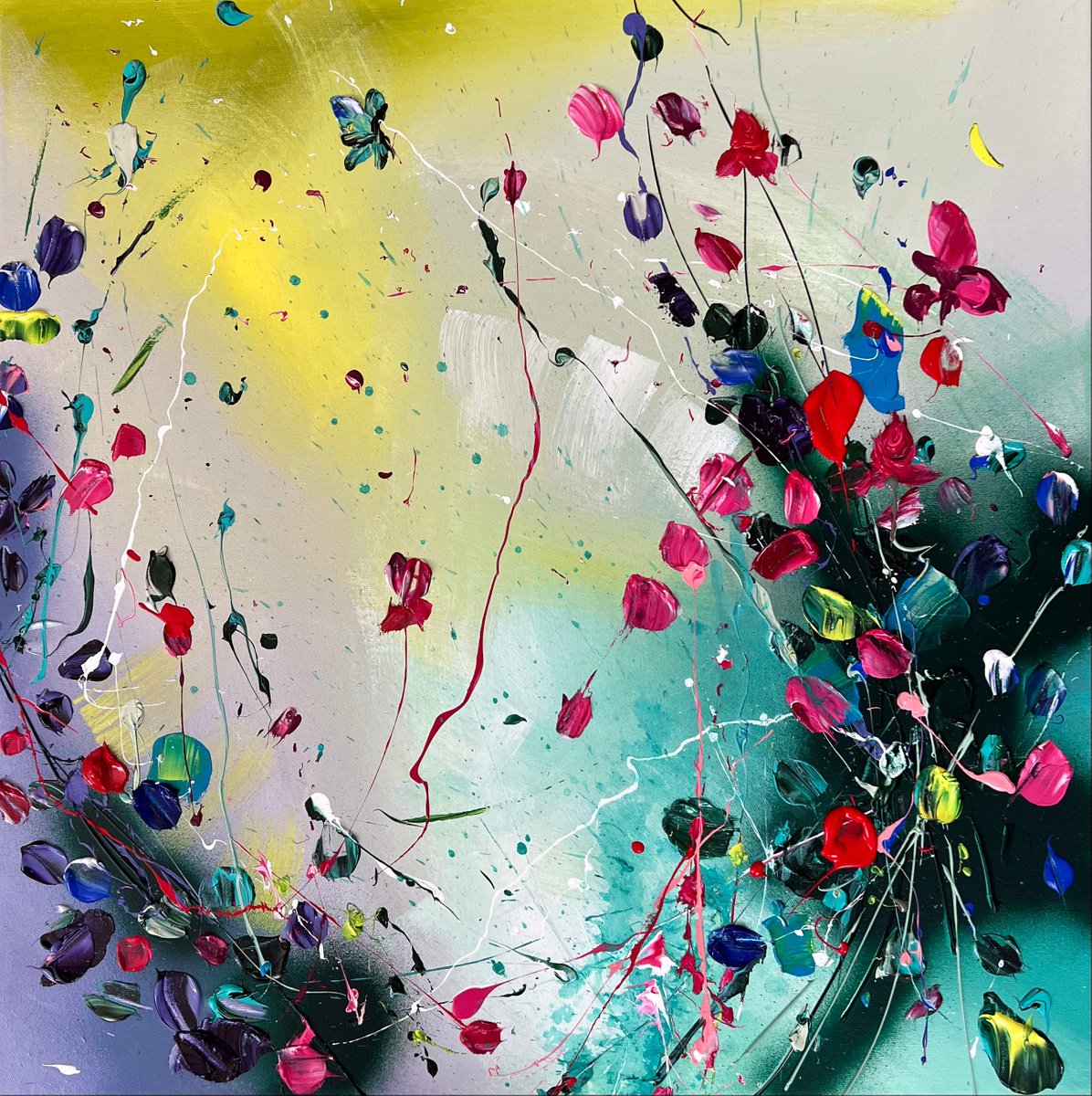 Structure impasto acrylic painting with abstract flowers 60x60cm Shiny Raindrops by Anastassia Skopp