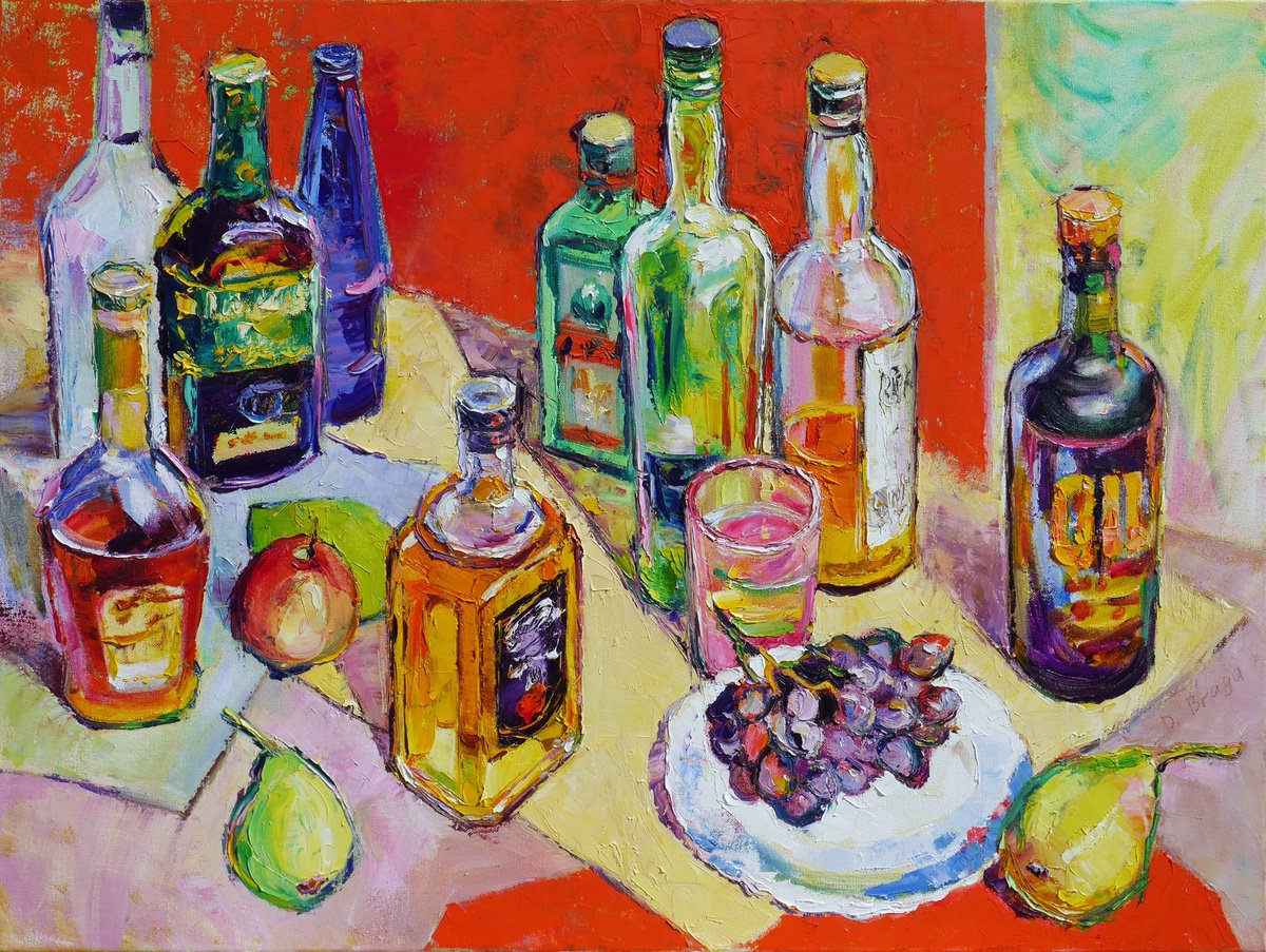 Expressive Still Life Oil Painting By Dima Braga, 31 X 24, Collection, Original Artwork