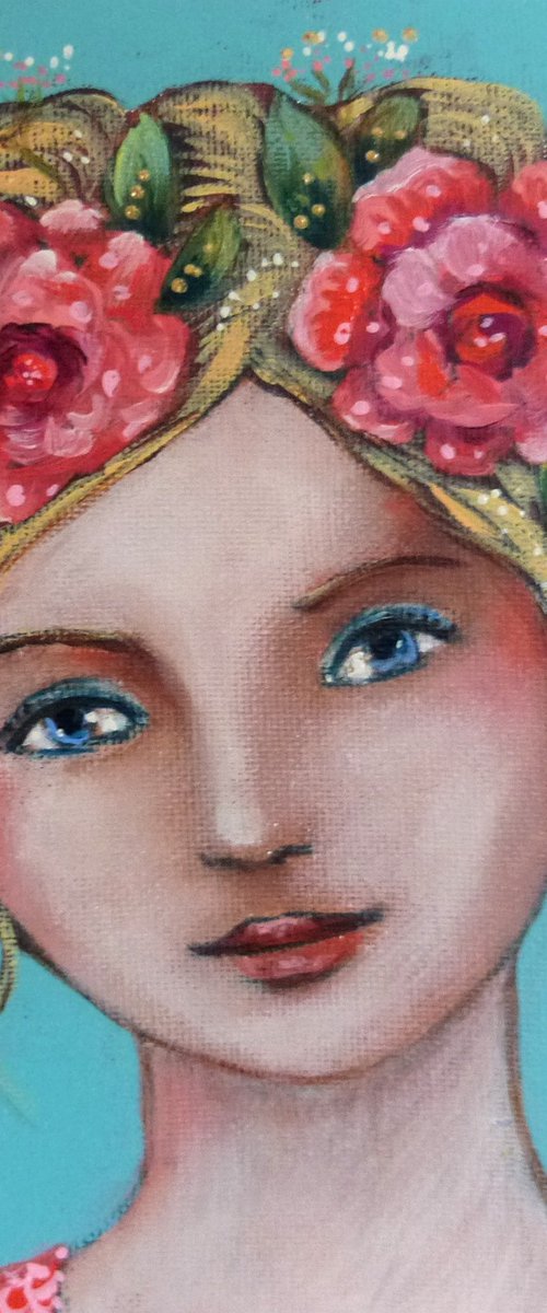 A hope of spring. 20x20cm Portrait of a romantic young blonde woman by Loetitia Pillault