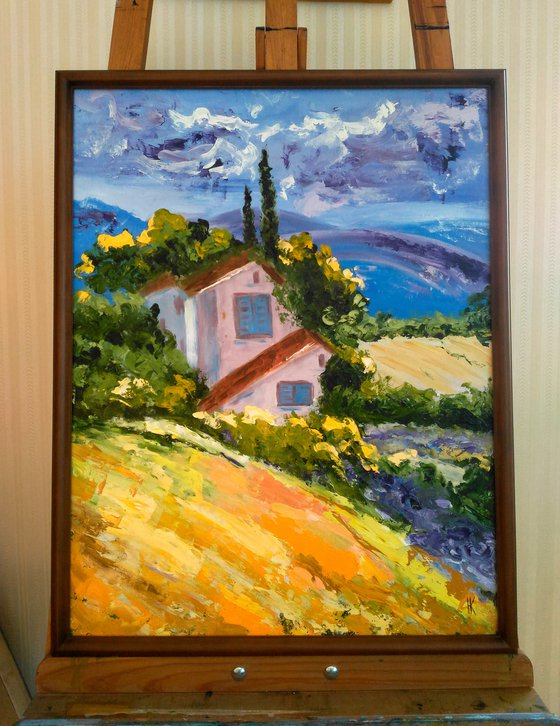 Italy Painting Landscape Original Art Tuscany Oil Impasto Palette Knife Artwork Farm House Home Wall Art 19 by 25" by Halyna Kirichenko