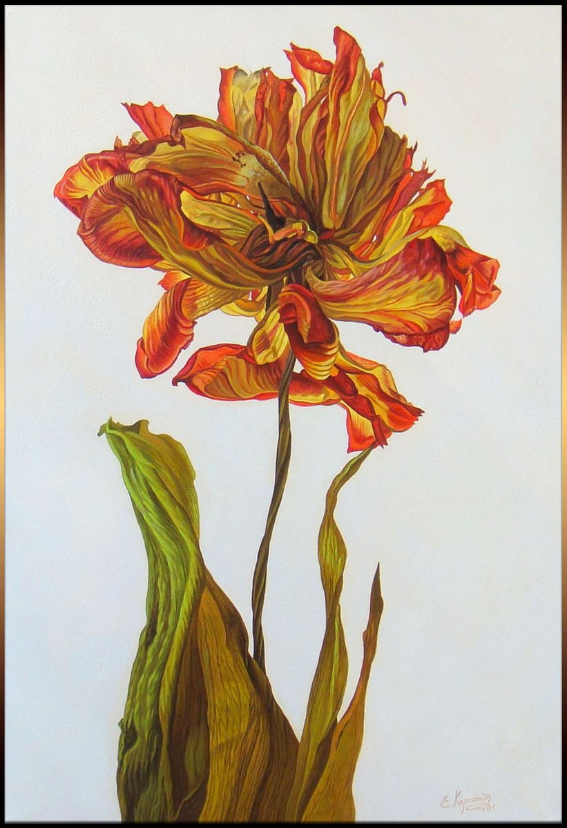 Organic Botanical Oil Painting By Irini Karpikioti, 26 X 37, Red Flower, Original Artwork