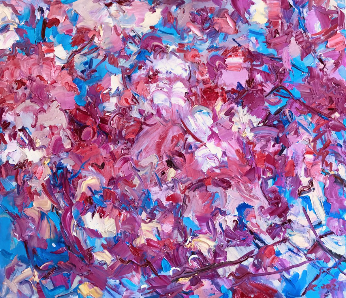 SAKURA BLOSSOM - abstract floral original oil on canvas painting, blue rose cherry-tree, J... by Karakhan