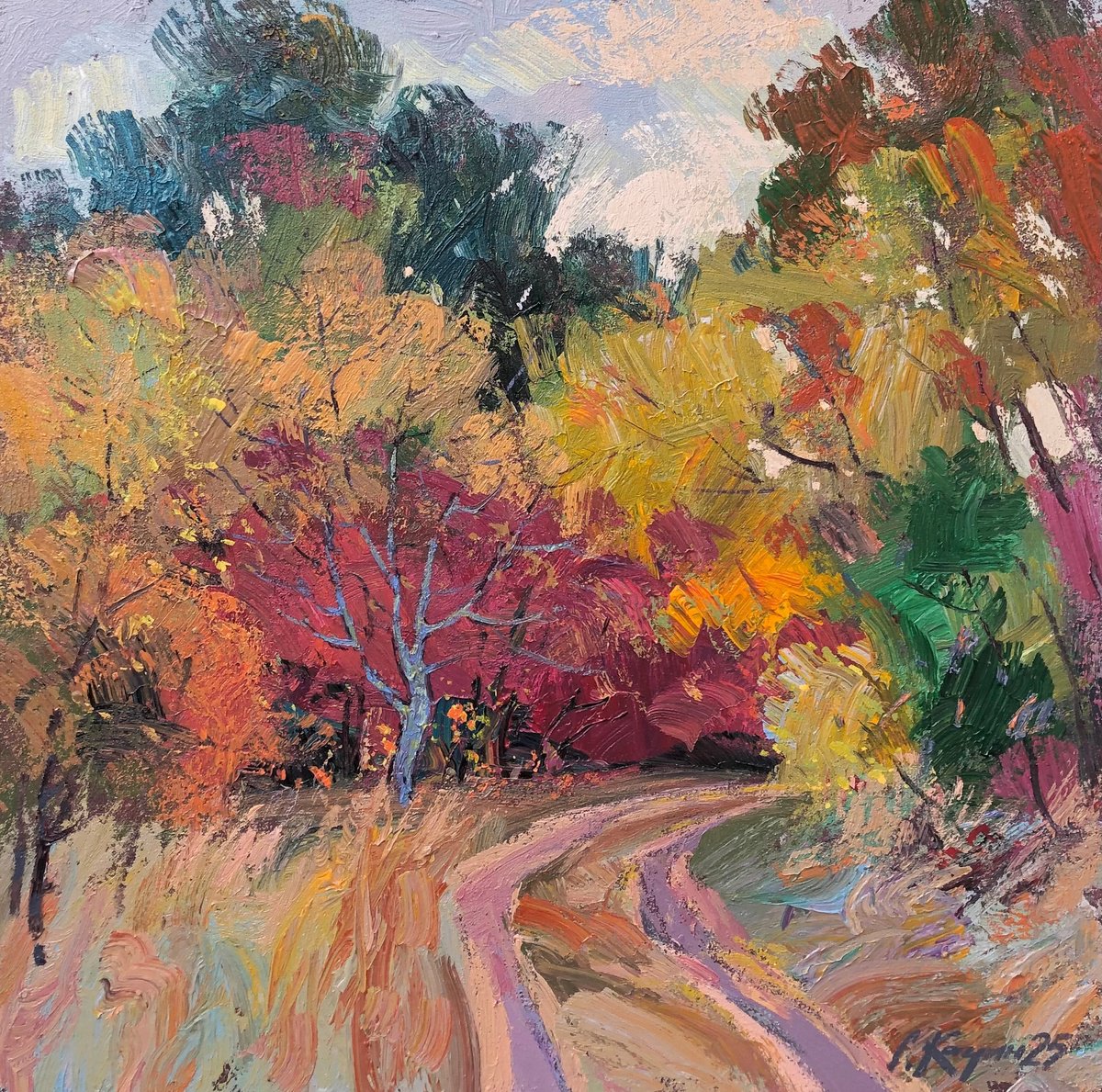 Impressionistic Landscape Acrylic Painting By Sergey Kachin, 24 X 24", Autumn, Original Artwork
