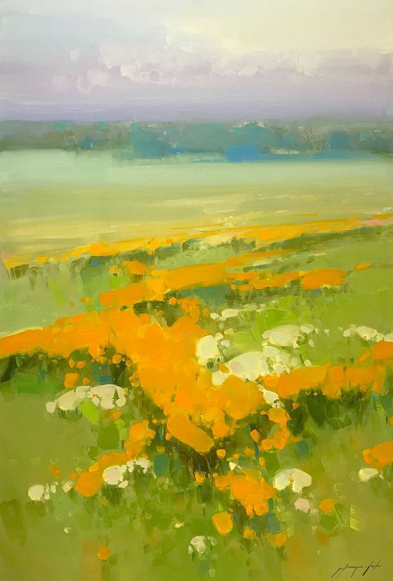 Hill in Cobalt, Landscape Original oil painting, One of a kind Signed