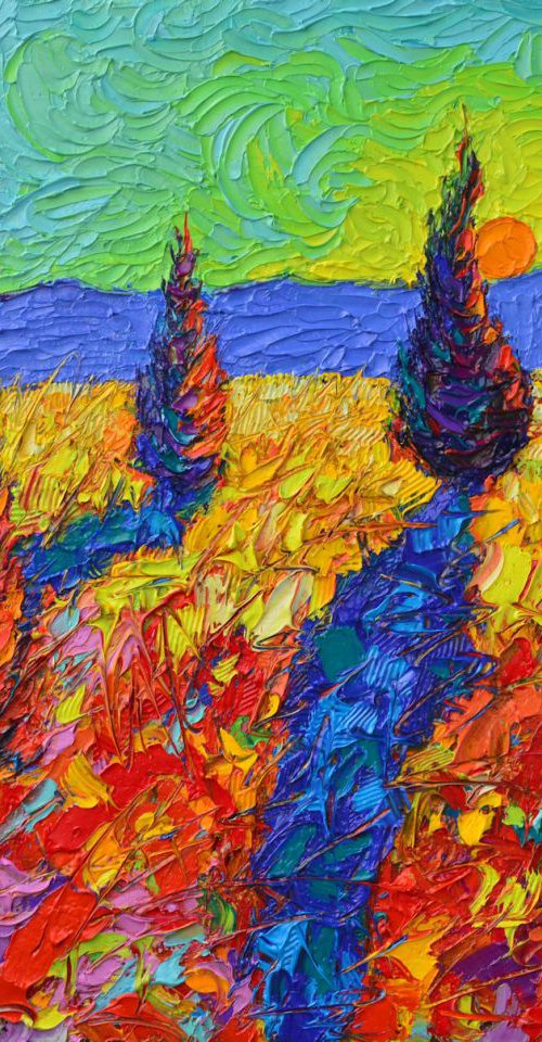 SUMMER SENTINELS IN COLOURFUL WILDFLOWERS FIELD AT SUNRISE- abstract landscape modern impressionist impasto palette knife oil painting by ANA MARIA EDULESCU