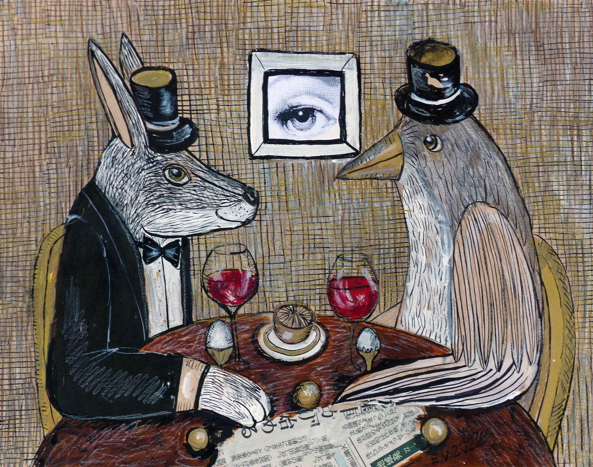 Naive Animal Painting By Elizabeth Vlasova, 14 X 11, Unexpected Meeting, Original Artwork