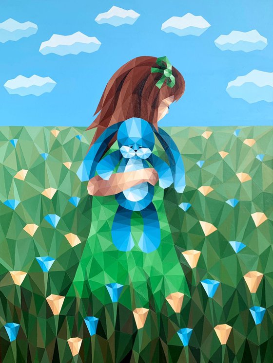 GIRL IN A FLOWER FIELD WITH A BLUE RABBIT