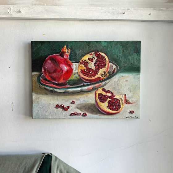 Pomegranates on metal tray