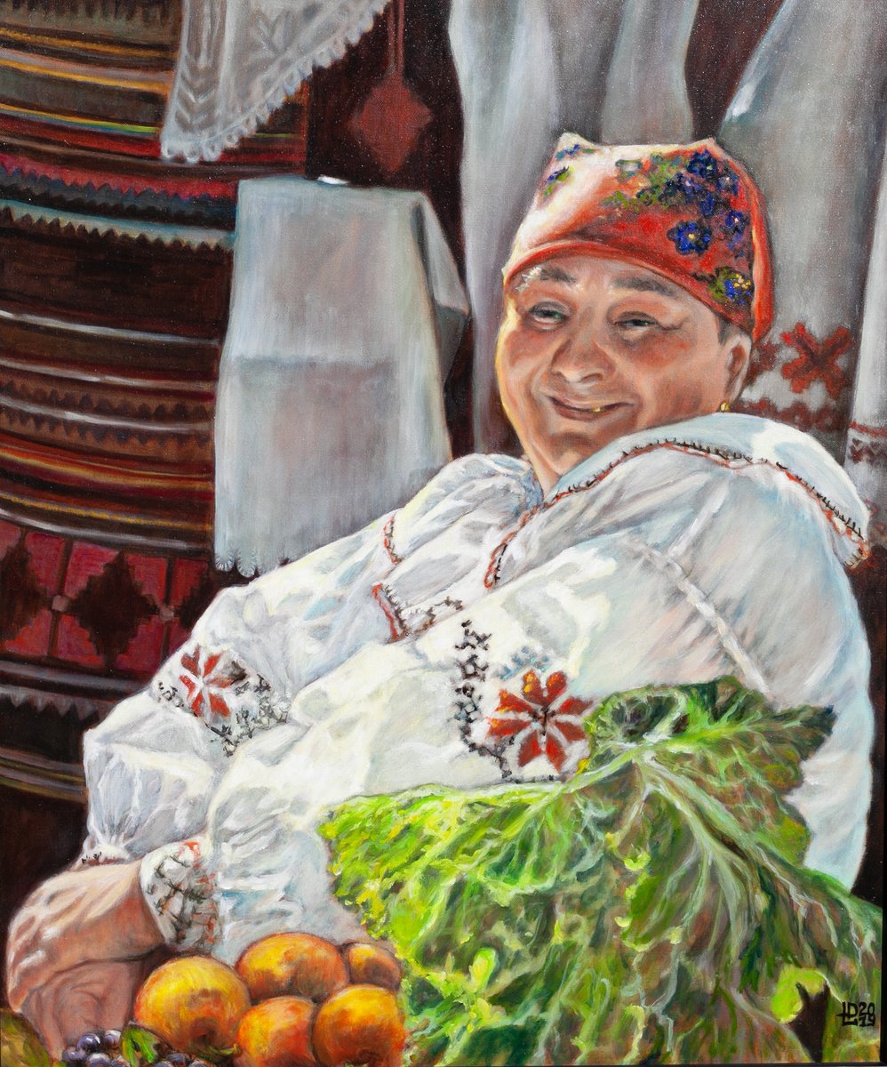 Photorealistic Portrait Oil Painting By Liudmila Pisliakova, 22 X 26", Cheerful Market Seller, Original Artwork