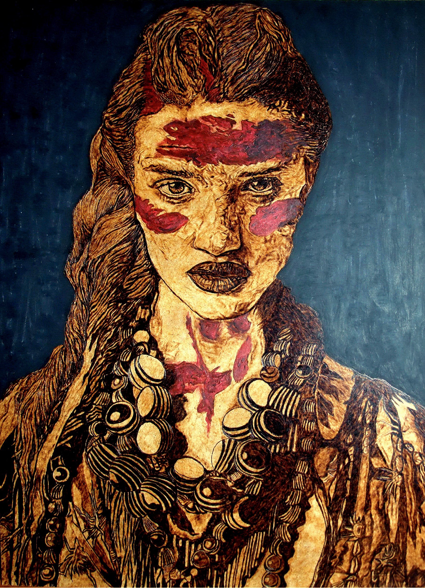 Expressive Portrait Painting By Milis Pyrography, 20 X 28", Native Princess, Original Artwork