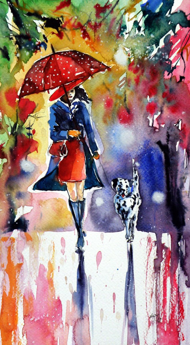 Impressionistic Watercolour , Walk With Dog By Kovacs Anna Brigitta, 7 X 12, Artwork For Sale On Artfinder