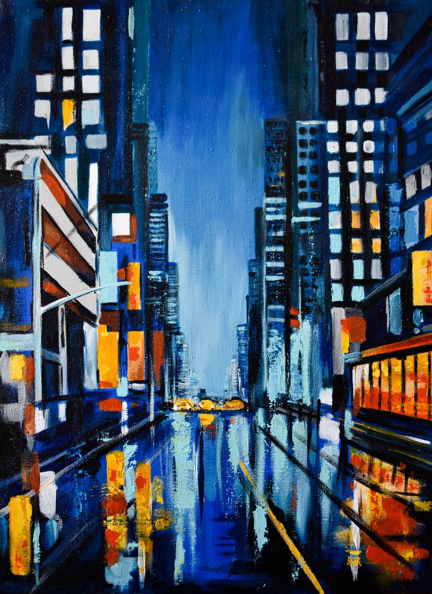 Cityscapes Acrylic Painting By Elina Zelena, 20 X 28, Night City In Blue Light, Original Artwork