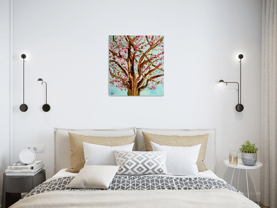 Apple blossom, tree near Bethnal Green, spring in London white, pink, turquoise ready to hang oil painting