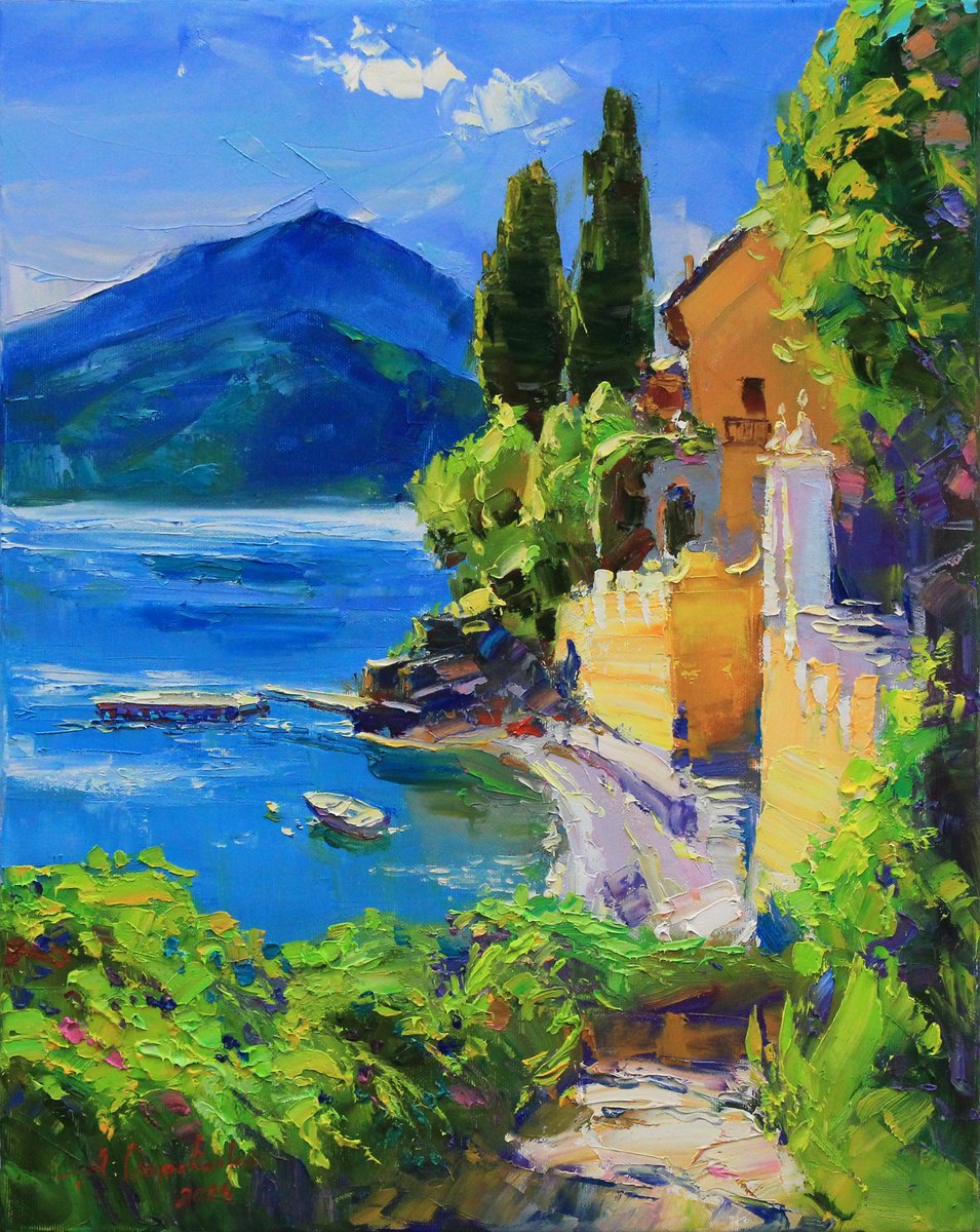 Impressionistic Cityscapes Oil Painting By Alisa Onipchenko-Cherniakovska, 16 X 20, Como Lake Italy, Original Artwork