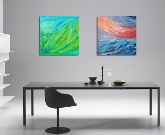 Composition of 2 artworks, Diptych, "Spring green" and "Red sunset on the sea", LARGE XXL 160X80 cm