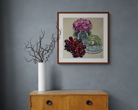 Glass Grapes And Hydrangeas