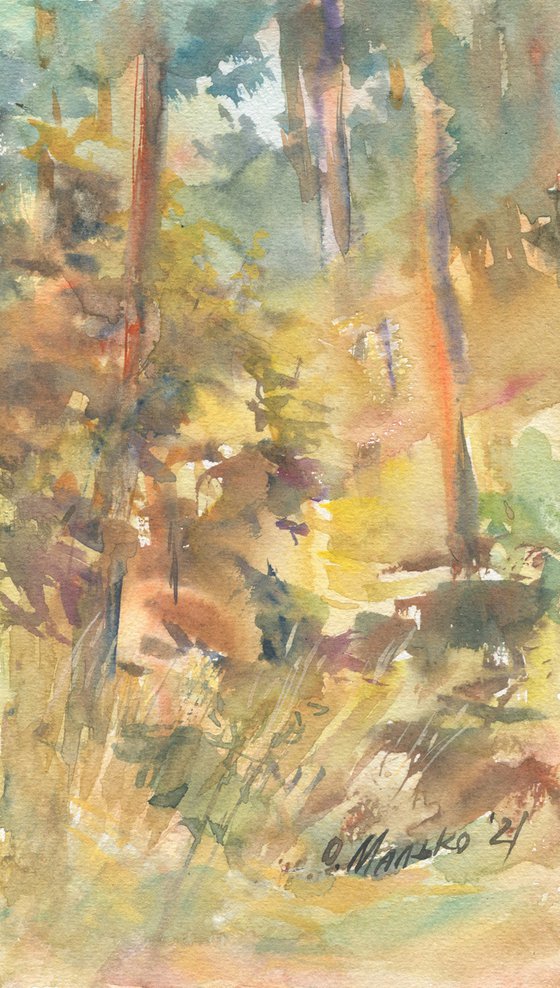 An autumn mood of a pine forest / Plein air landscape Watercolor sketch Small size picture Original art work