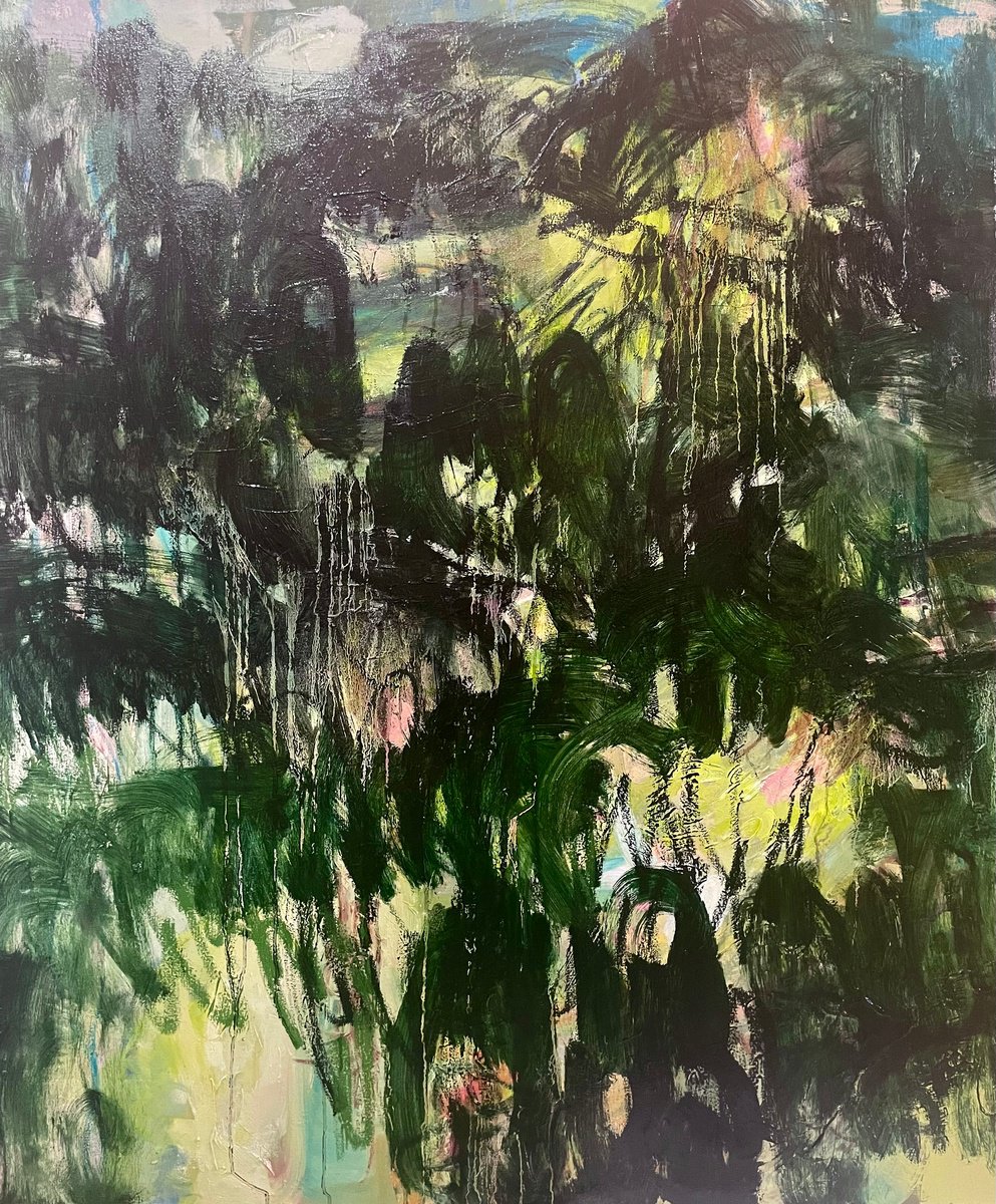 Expressive Abstract Oil Painting By Lilia Orlova-Holmes, 39 X 47", Green Mountain, Original Artwork