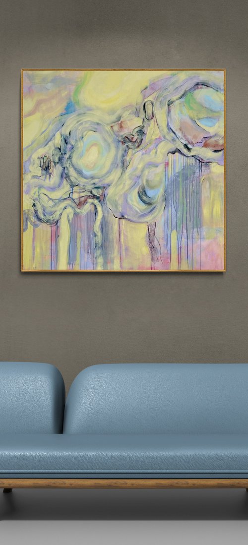 IT’S ALL HERE - large yellow abstract painting, female figure, flow, paint drips pastel blue by Yulia Ani