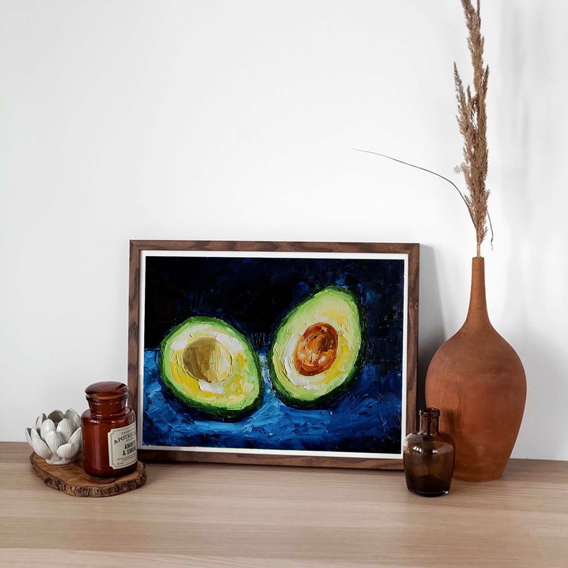 Original Avocado Still Life Framed Oil factory Painting, Modern Food Kitchen Decor Artwork, Gourmet Fruit Mantel Wall Art, Home Wall Art Ornament