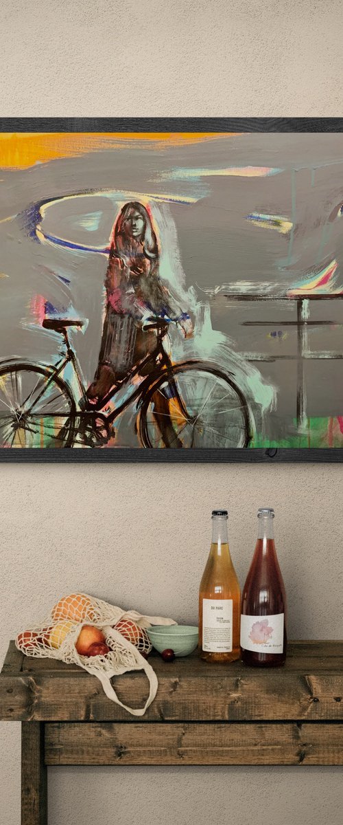 Big painting - "Autumn" - Girl - Bikes - Bicycle - Pop Art - Urban by Yaroslav Yasenev