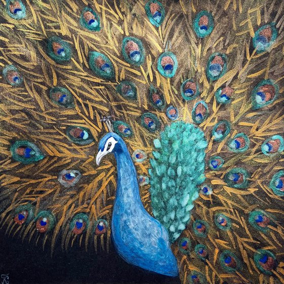Peacock Watercolor Painting, Original Artwork, Small Metallic Painting, Shiny Wall Art