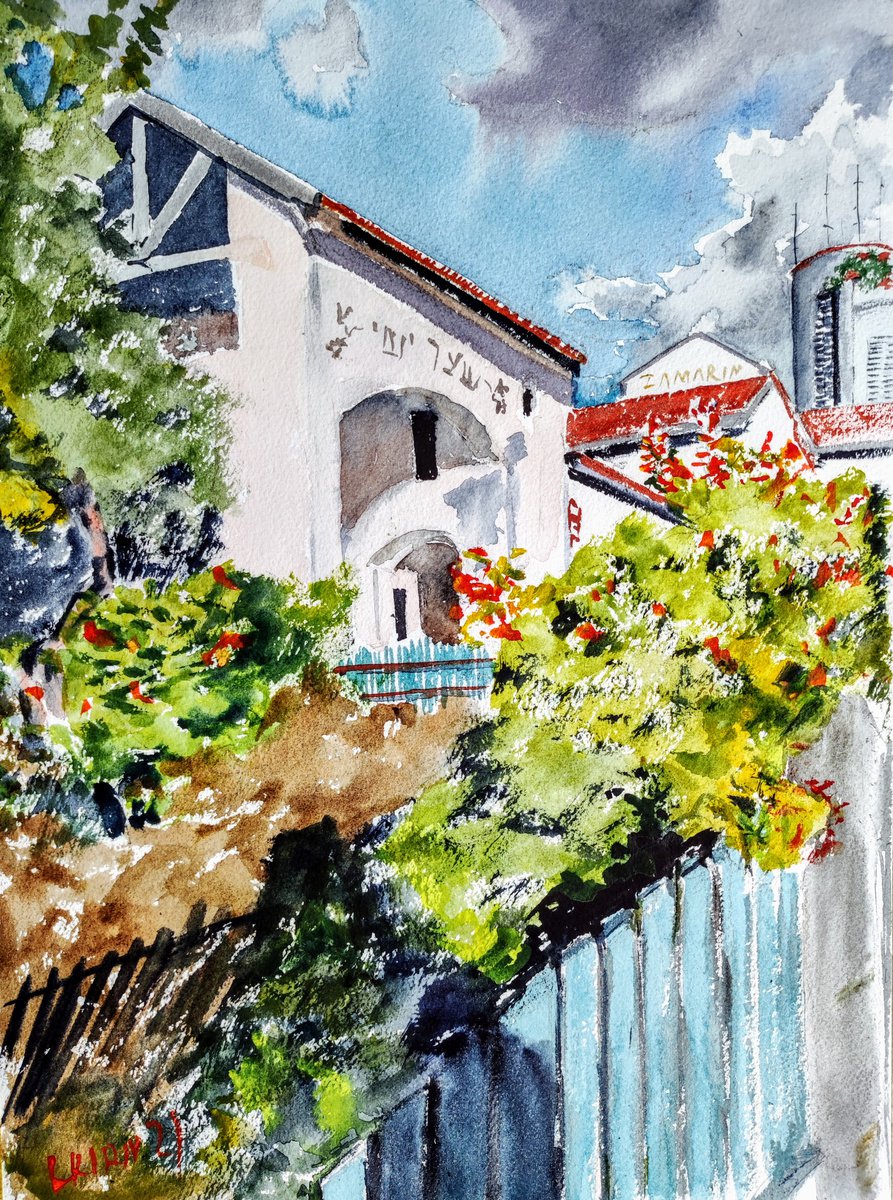 Impressionistic Cityscapes Watercolour By Leonid Kirnus, 11 X 15", The Gate To Zikhron -Yakov, Original Artwork