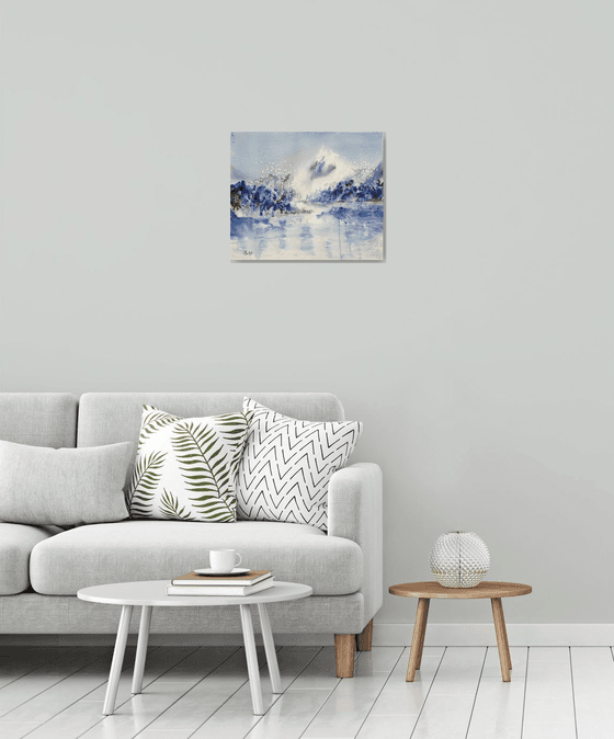 Winter phantasy. Frozen landscape with snow, mountain and frozen lake. Original watercolor. Medium size watercolor natural sky blue dramatic impressionism impression decor