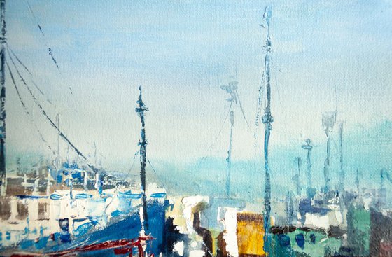 "Ships in the harbor", seascape , yachts