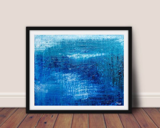 Submerged II - abstract underwater seascape on stretched cotton canvas, unique frothing technique, ready to hang, 50x40cm