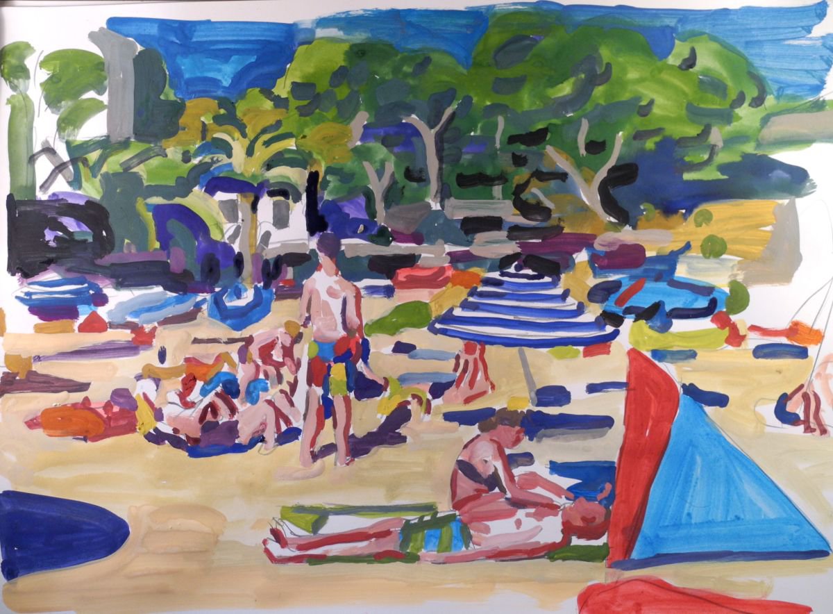 Impressionistic Portrait Painting By Stephen Abela, 23 X 17", Beach Scene - Magaluf, Original Artwork