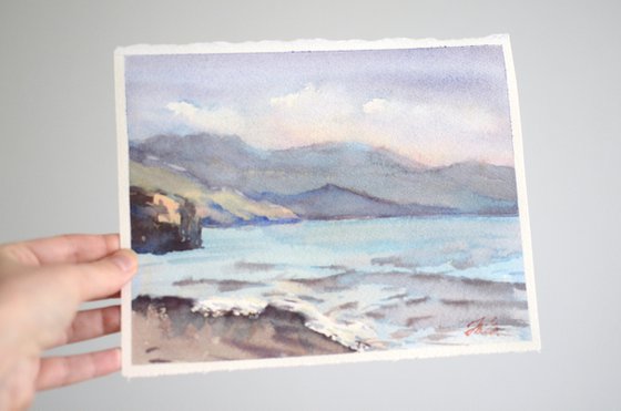 Crete sea and mountains, blue and purple watercolor