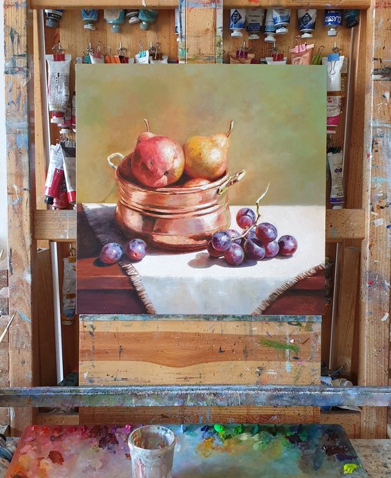 "Still life with grapes and pears in a small old French saucepan." still life grapes pears summer  liGHt original painting  GIFT (2020)